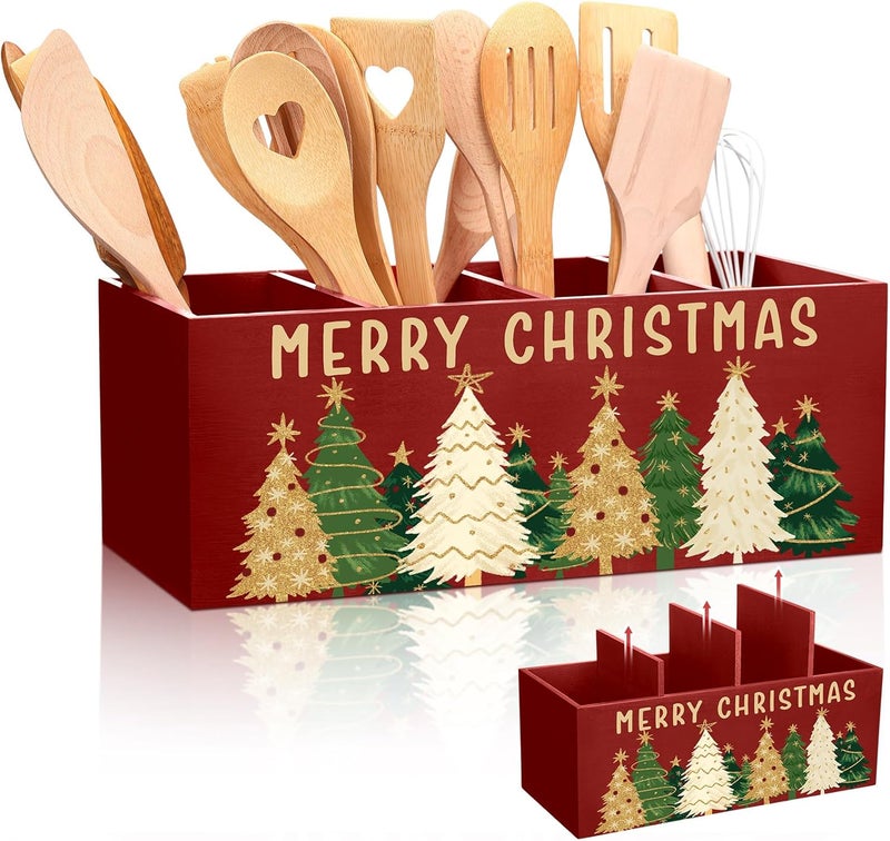 Meanplan Christmas Utensil Holder Christmas Kitchen Decor Extra Large Kitchen Utensils Holder with 4 Compartments for Xmas Farmhouse Indoor Decoration - Image 1